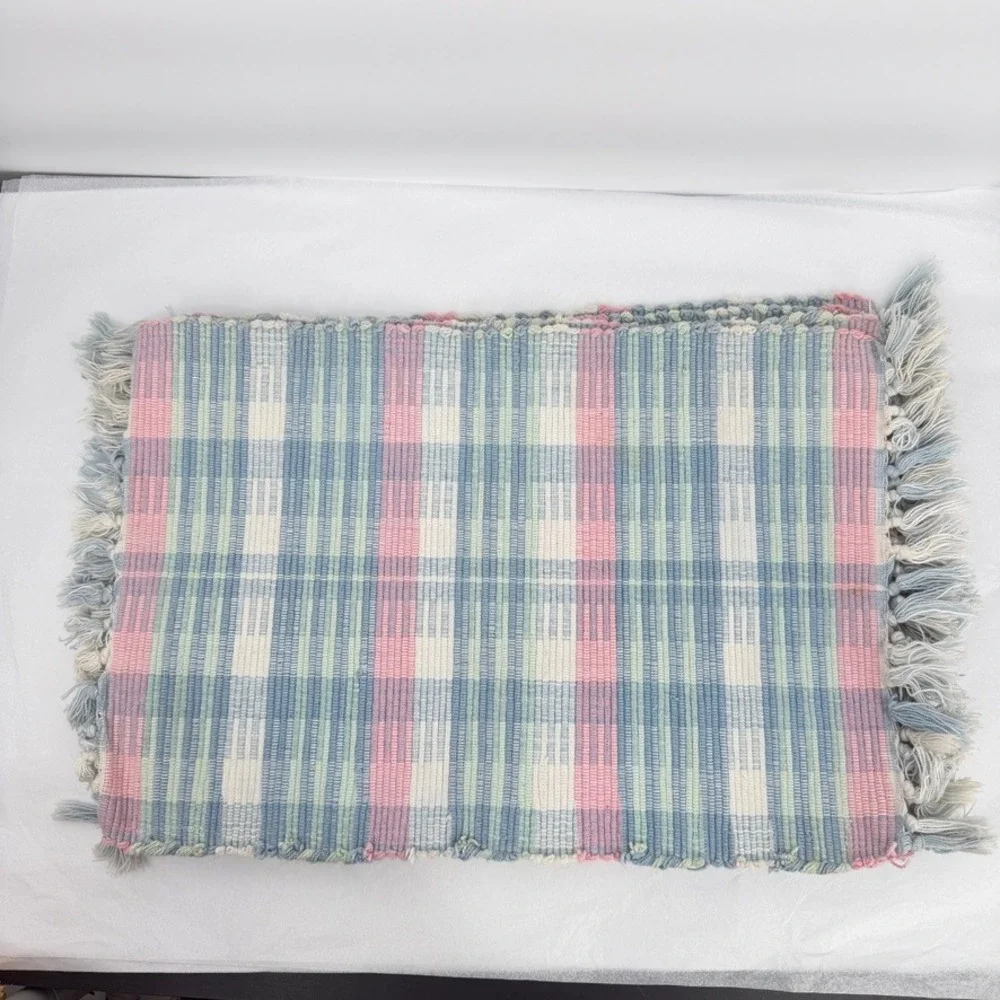 Woven Rag Rug Placemats Pastel Spring Plaid Fringe Cotton Set of 5 Table Decor